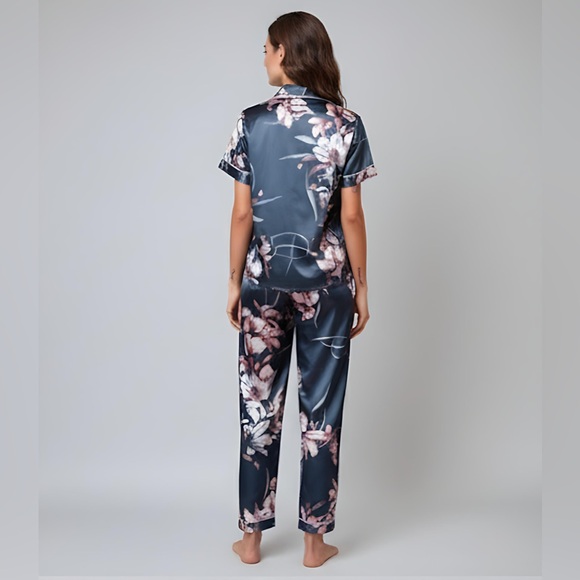 Floral Satin Pyjama Set Blue - Picture 4 of 6